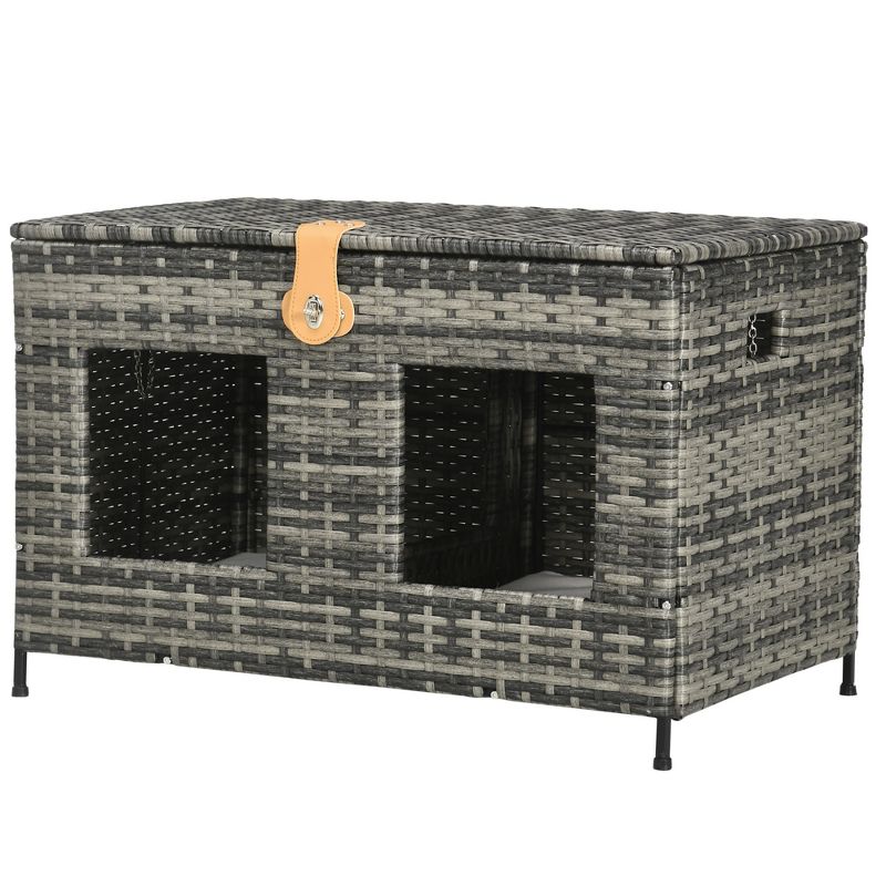 PawHut Rattan Cat Bed with Removable Divider, Double-Room Wicker Cat Beds for Indoor Cats, Pet Furniture for 2 Cats, Cushions, Outdoor Indoor, Gray, 4 of 7