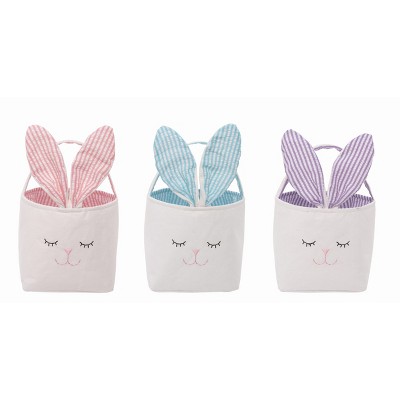 Transpac Fabric Bunny Ear Basket w/Handle Pink Purple and Blue Set of 3, 6.0 x 6.0 x 10.0 inch