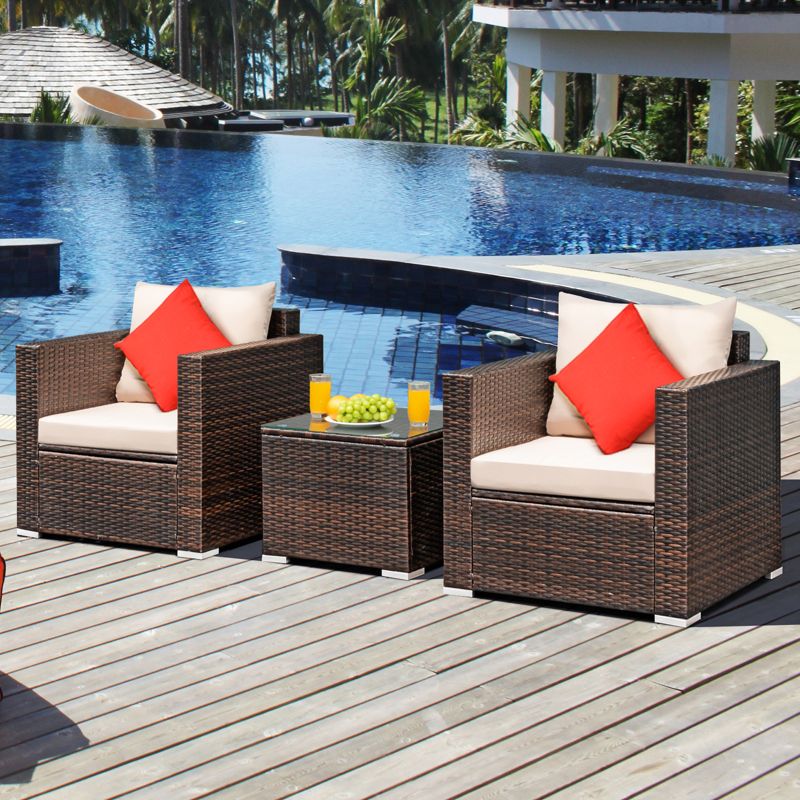 Costway 3PCS Patio Rattan Outdoor Furniture Set w/ Cushioned Sofa Coffee Table, 2 of 11