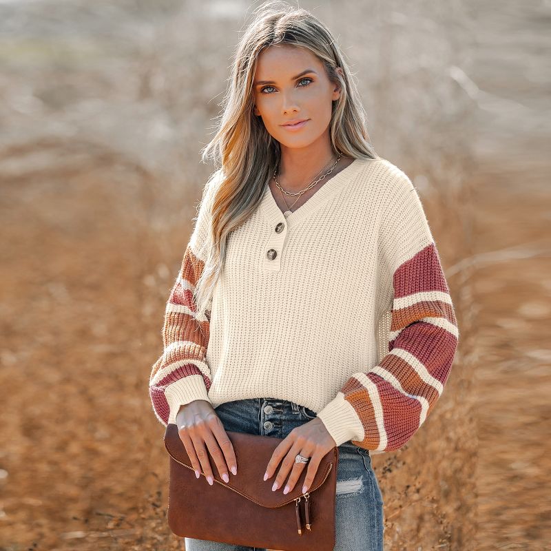 Women's V-Neck Buttoned Striped Long Sleeve Sweater - Cupshe, 4 of 8