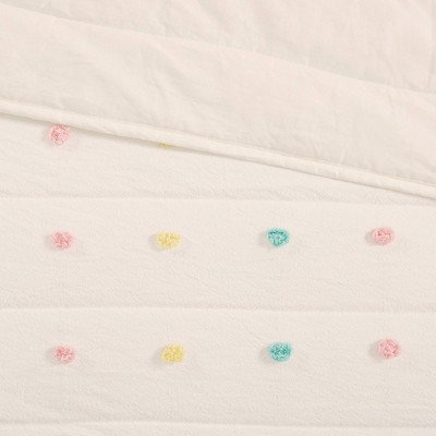 Callie Pom Pom Cotton Jacquard Full/Queen Quilt Set in Cream/Aqua/Teal