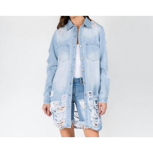 Women's Long Distressed Shacket - American Bazi - 1 of 2