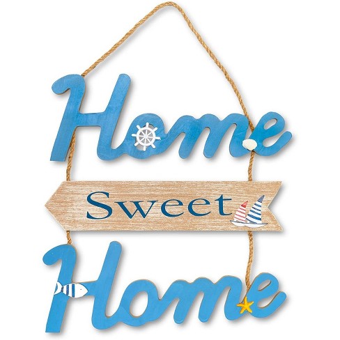 Wood Nautical Home Sweet Hanging Wall Sign With Rope Door Decor Blue 14 X19 X0 4 Target - Home Sweet Wall Hanging