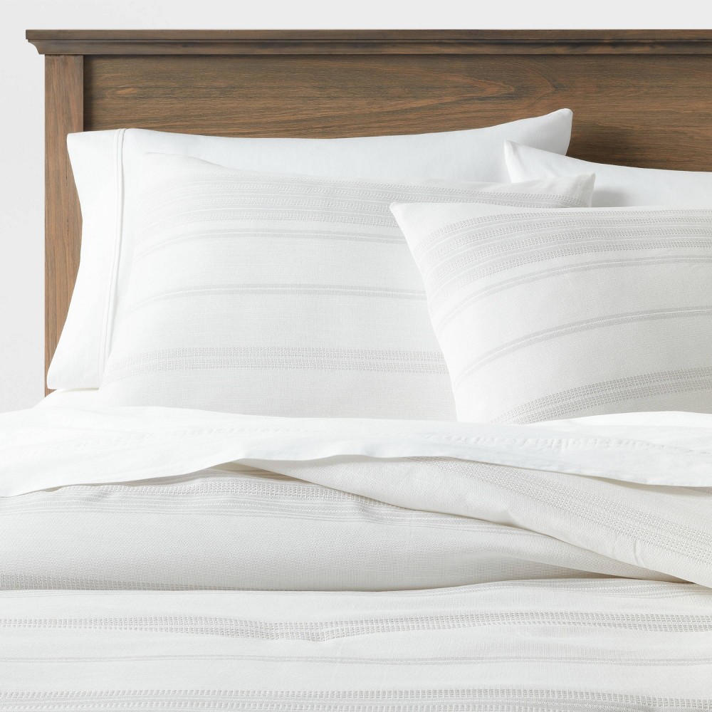 Photos - Bed Linen Full/Queen Cotton Woven Stripe Comforter & Sham Set White/Light Gray - Thr