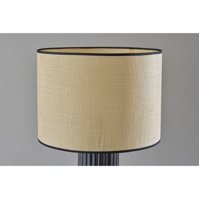 Large Black Ribbed Ceramic Table Lamp with Woven Shade