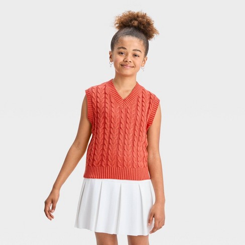 Girls' Cable Knit Sweater Vest - Art Class™ Coral Orange L : Target