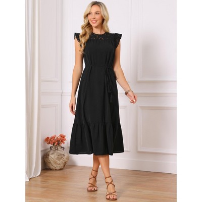 Женские платья INSPIRE CHIC Women's Summer Eyelet 2026 Ruffle Sleeve Crew Neck Tiered A Line Midi Dresses Large Black — фото 2