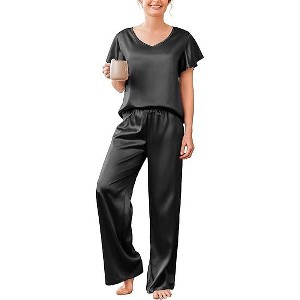 Ekouaer Women's Satin Silky Pajama Set 2 Piece Short Sleeve Shirt with Long Pants Pjs Sets Soft PJ Loungewear - 1 of 4