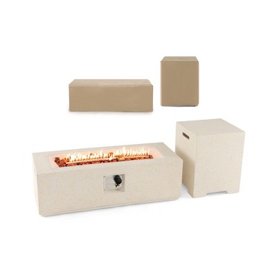 Tangkula Patio Terrazzo Fire Pit Table 50,000 BTU w/ Hideaway Propane Tank Table & Cover