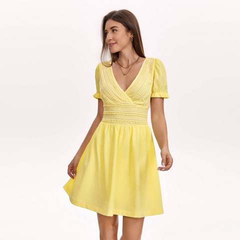 Женские платья Wild Fable Women's Puff Short Sleeve Lace Jacquard Fit and Flare Mini Dress - Wild Fable™ Light Yellow L