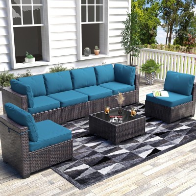 Whizmax 7-Piece Modular Patio Set - PE Rattan Sectional Sofa with Thick Cushions & Glass Coffee Table, Outdoor Furniture for Garden, Balcony, Porch
