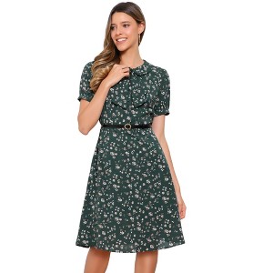 INSPIRE CHIC Women's Peter Pan Collar Tie Neck Short Sleeve A-Line Elegant Belted Floral Dress - 1 of 4