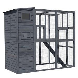 PawHut Large Wooden Outdoor Cat House Kitten Enclosure with Large Run, Asphalt Roof, Catio for Lounging, and Condo Area for Sleeping - 77"L, Grey - 1 of 4