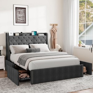 2-Piece Set Upholstered Queen Size Bed Frame with 4 Storage Drawers & Wingback Headboard, USB/Type-C Charging Station, Diamond Tufted Design, Black - 1 of 4
