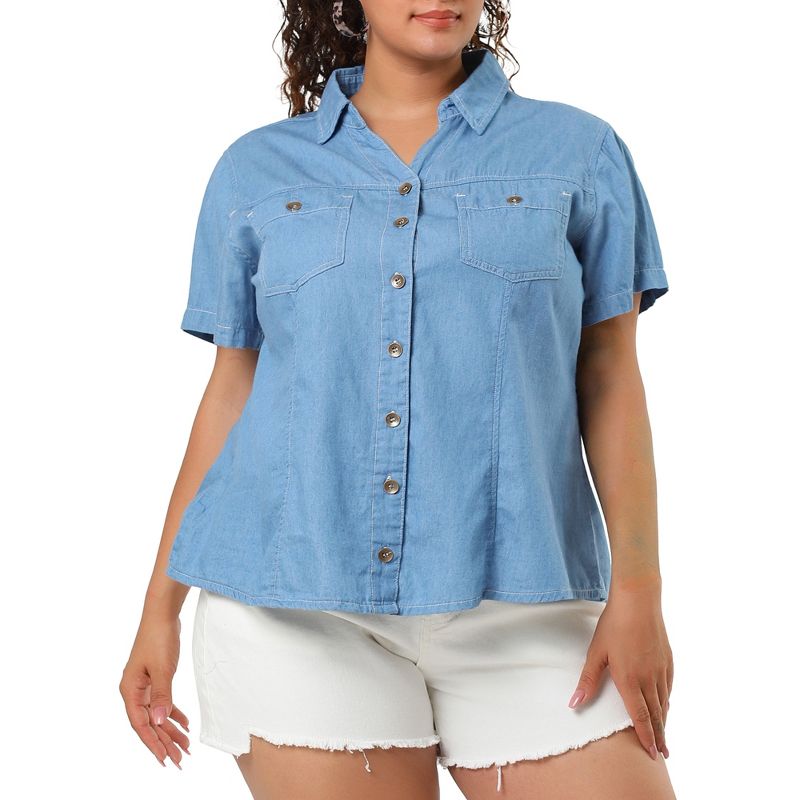 Agnes Orinda Women's Plus Size Short Sleeve V Neck Chest Pocket Solid Button Down Shirts, 2 of 7