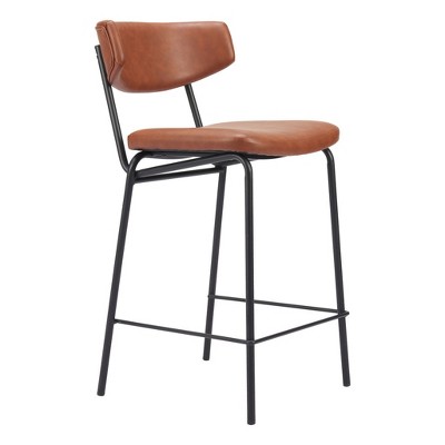 HomeRoots Set of Two 30" Brown and Black Faux Leather and Steel Low Back Bar Height Bar Chairs