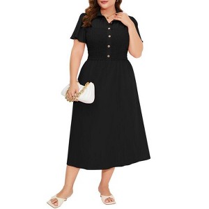 Coolmee Women Plus Size Dress Summer Button Down Smocked Midi Dress Short Sleeve Sundress - 1 of 4