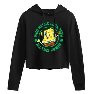Women's - SpongeBob SquarePants - Who Needs Luck With This Charm Cropped Graphic Hoodie - 1 of 4