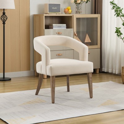 beige 25.79" Wide Modern Barrel Open Back Upholstered Accent Chair with Weathered Solid Wood Legs