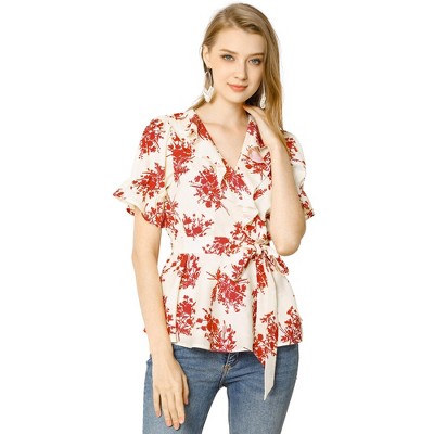 INSPIRE CHIC Women's Floral V Neck Tie Waist Short Sleeve Belted Ruffle Wrap Shirt