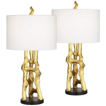 Possini Euro Design Organic Modern Table Lamps 29" Tall Set of 2 Gold Sculpture White Drum Shade for Bedroom Living Room Bedside Office House Home