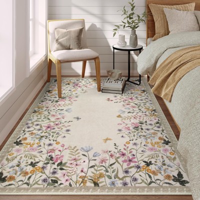Lahome Short Velvet Geometric Floral Floor Mat-Natural Bio-Printed Soft Rug for Living Room, Bedroom, or Entryway