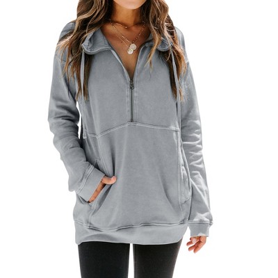 Nlife Women Merry Christmas Print Zipper Up Long Sleeve Kangaroo Pocket Sweatshirt Top