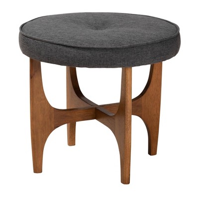 Theo Dark Gray Fabric and Walnut Wood Round Tufted Ottoman