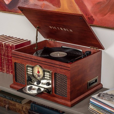 Mahogany 6-in-1 Vintage Bluetooth Record Player with AM/FM Radio