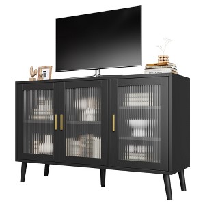 Storage Cabinet with 3 Long Rainbow Glass Doors, Large Capacity Particleboard Sideboard, Modern for Kitchen, Dining, or Living Room Black - 1 of 4