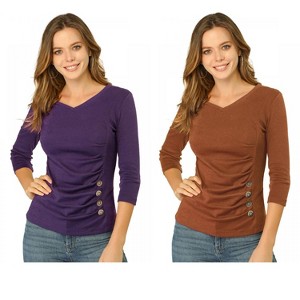 INSPIRE CHIC Women's V Neck 3/4 Sleeves Solid Knitted Buttons Decor Ruched Blouse 2 Packs - 1 of 4