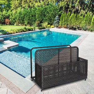 Rolling Pool Float Storage Organizer, PE Rattan Pool Caddy with Towel Rack & Basket for Toys Noddles Beach Balls - 1 of 4