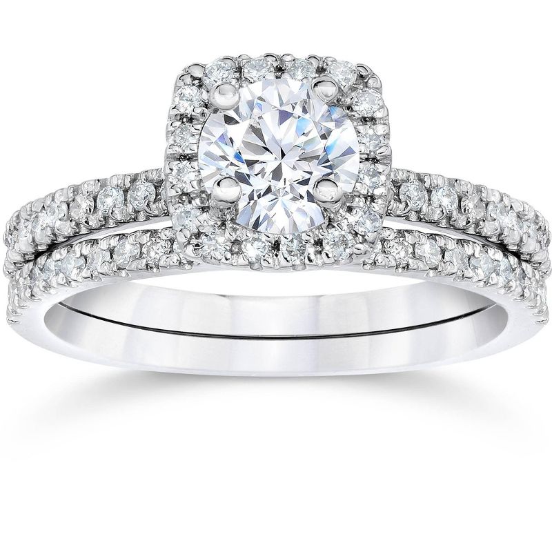 Pompeii3 1 ct Diamond Cushion Halo Engagement Wedding Ring Set 14k White Gold, 1 of 6