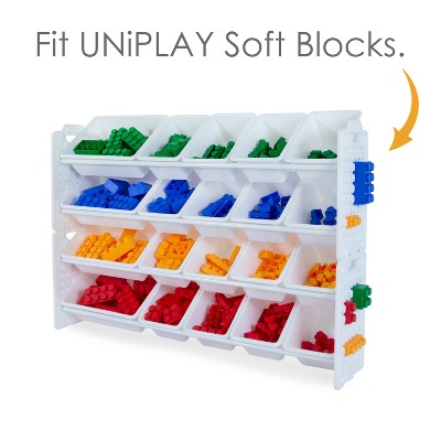 UNiPLAY Toy Organizer With 20 Removable Storage Bins and Block Play Panel, Multi-Size Bin Organizer (White)