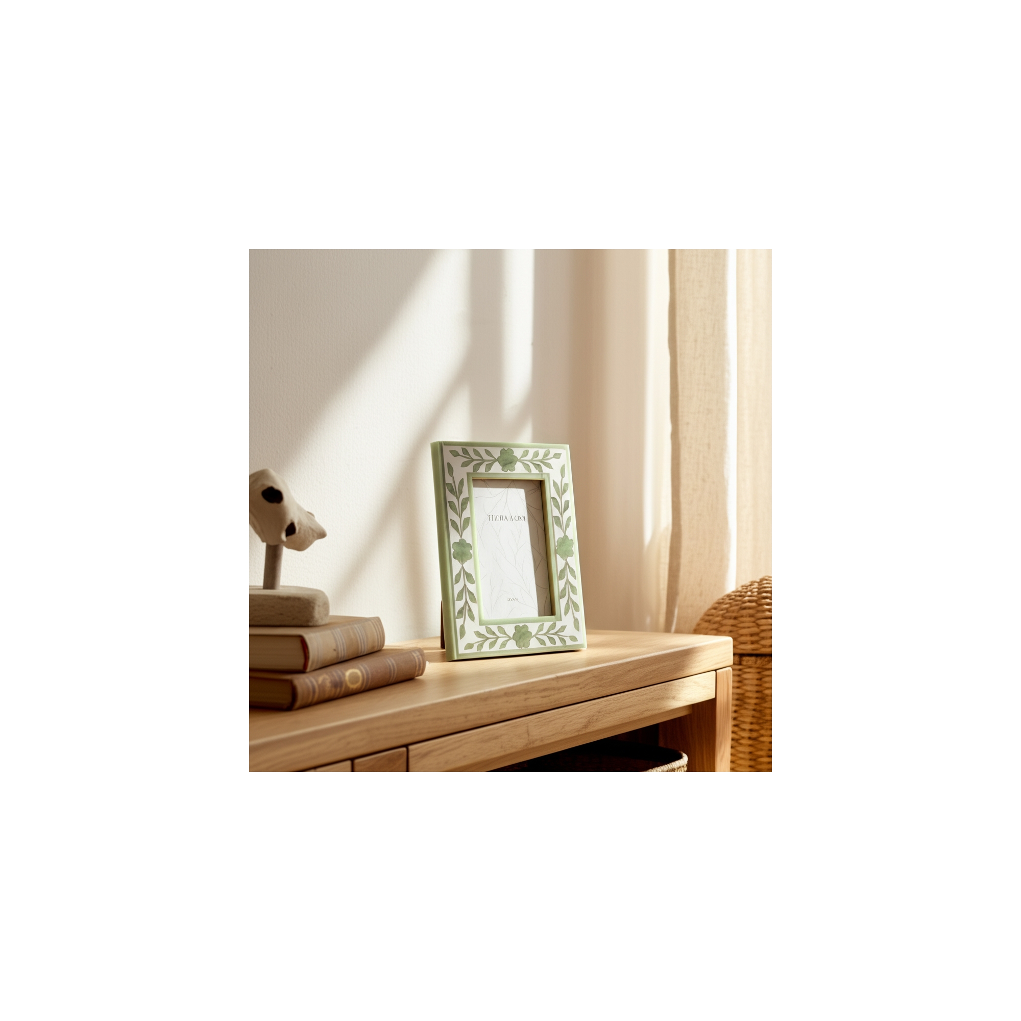 Boho Wood Picture Frame with Resin Inlay, Glass Front, Decorative Home Decor for Bedroom, Living Room & Office - 1" White & Green