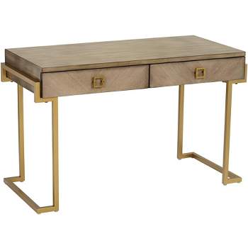 Coast to Coast Accents Wheaton Modern Ash Wood Rectangular Writing Desk 49 1/2" x 23" with 2-Drawer Brown Gold Metal Legs for Living Room Bedroom Home