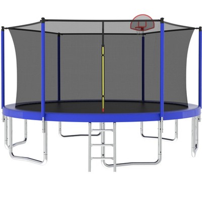 HFYee 8/10/12/14/10*16FT Backyard Trampoline Basketball Kit with Bonus Balls & Safety Enclosure for Ages 8+, Blue