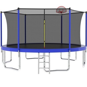 HFYee 8/10/12/14/10*16FT Backyard Trampoline Basketball Kit with Bonus Balls & Safety Enclosure for Ages 8+, Blue - 1 of 4