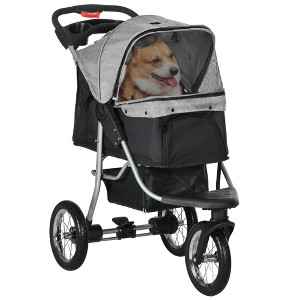 PawHut Luxury One-click Folding Pet Stroller Dog/Cat Travel Carriage with Wheels Adjustable Canopy Zippered Mesh Window Door Gray and Black - 1 of 4