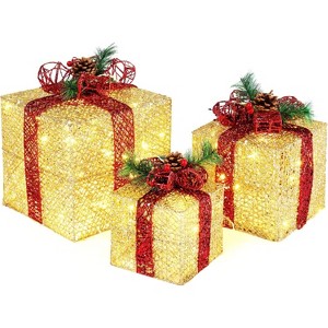 VINGLI Christmas Lighted Gift Boxes Set of 3 with Plug, Pre-lit 60LED Lights ,Pre-Secured Bowknot for Christmas Decorations - 1 of 4
