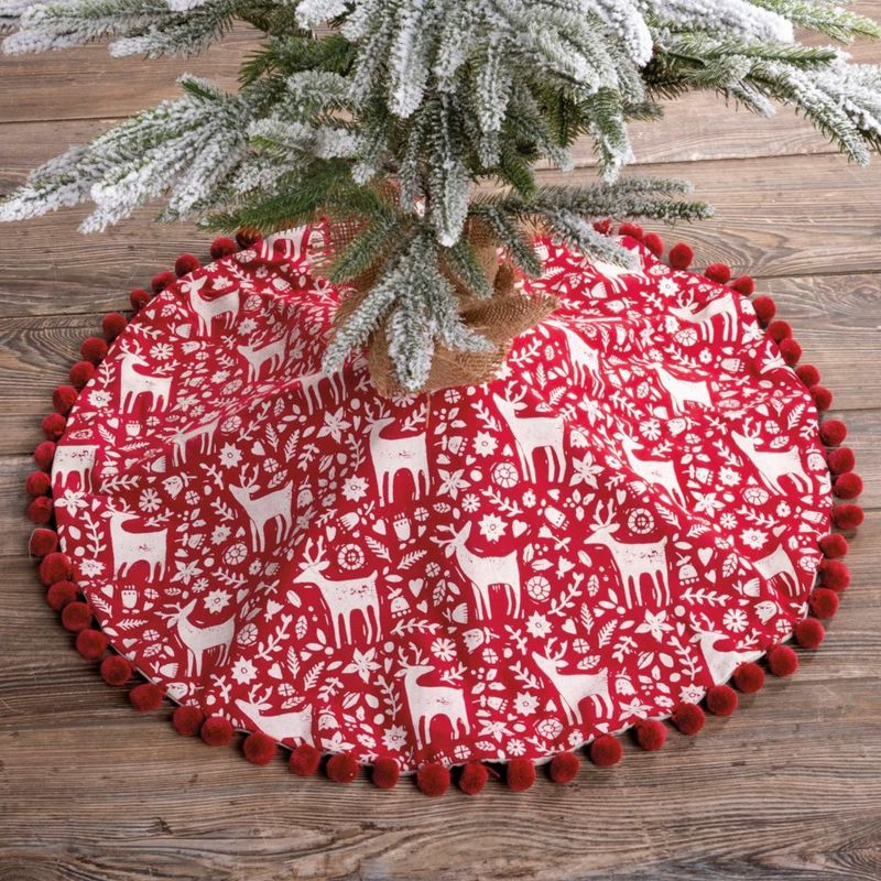 Christmas 24.0" Scandinavian Reindeer Tree Skirt Pom Poms Primitives By Kathy  -  Tree Skirts, 3 of 4