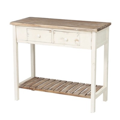 Vintage Distressed White and Natural Wood Console Table with Storage