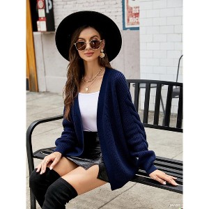Women Knit Cardigan Plaid Tie Waist Lantern Sleeve Casual Sweater Cardigan Coat Navy Blue XL - 1 of 4