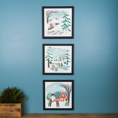 Festive Winter Scene Framed Wall Art Set in Blue and Red