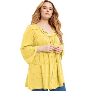 June + Vie by Roaman's Women's Plus Size Acid Wash Peasant Blouse - 1 of 4