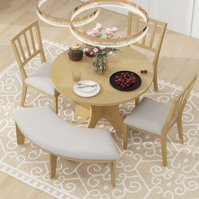 NicBex Round Dining Table Set for 4 Round Table with Curved Bench, 3 Side Chairs for Dining Room