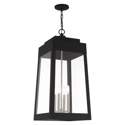 Sleek Tapered Black Brass Outdoor Pendant with Clear Glass Panels