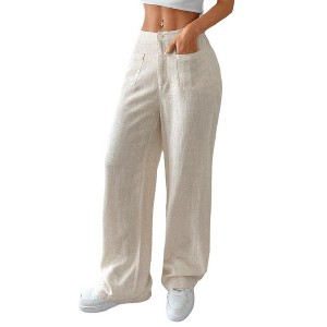 Women's Casual Cotton Linen Straight Leg Pants with Pockets Boho Palazzo High Waisted Drawstring Lounge Trousers - 1 of 4