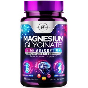 Magnesium Glycinate 1000mg – High Absorption Chelated Magnesium for Sleep, Muscle, Nerve & Heart Support – Gentle on Stomach, Vegan - 60 Capsules - 1 of 4