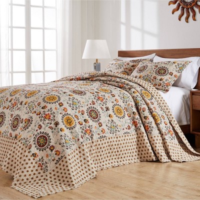 Greenland Home Fashions Queen Andorra Bedspread Bedding Set Beige - Greenland Home Fashions: Reversible Cotton, Abstract Floral, 3-Piece, Traditional Style — фото 2